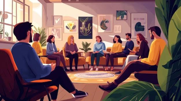 Illustration of a group therapy session in a warmly lit room