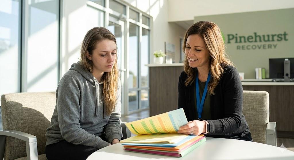 Counselor reviewing intake paperwork with a young woman in a reception area