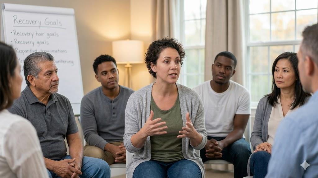 A group therapy session in alcohol addiction treatment