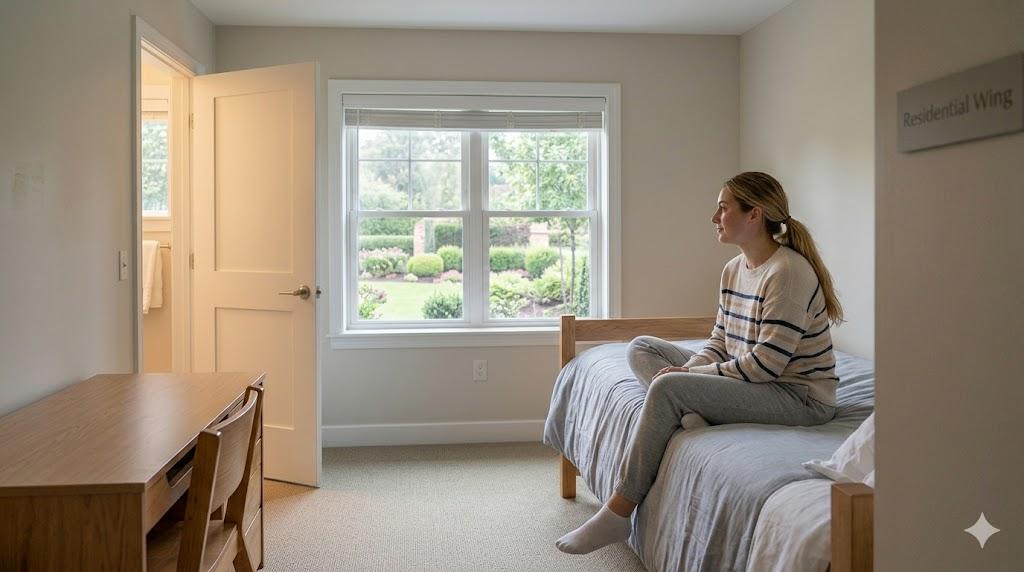 Young woman sitting on a bed in a residential treatment bedroom